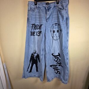 Friday The 13th Jason Voorhees Graphic Wide Leg Jeans Denim Size 18 halloween